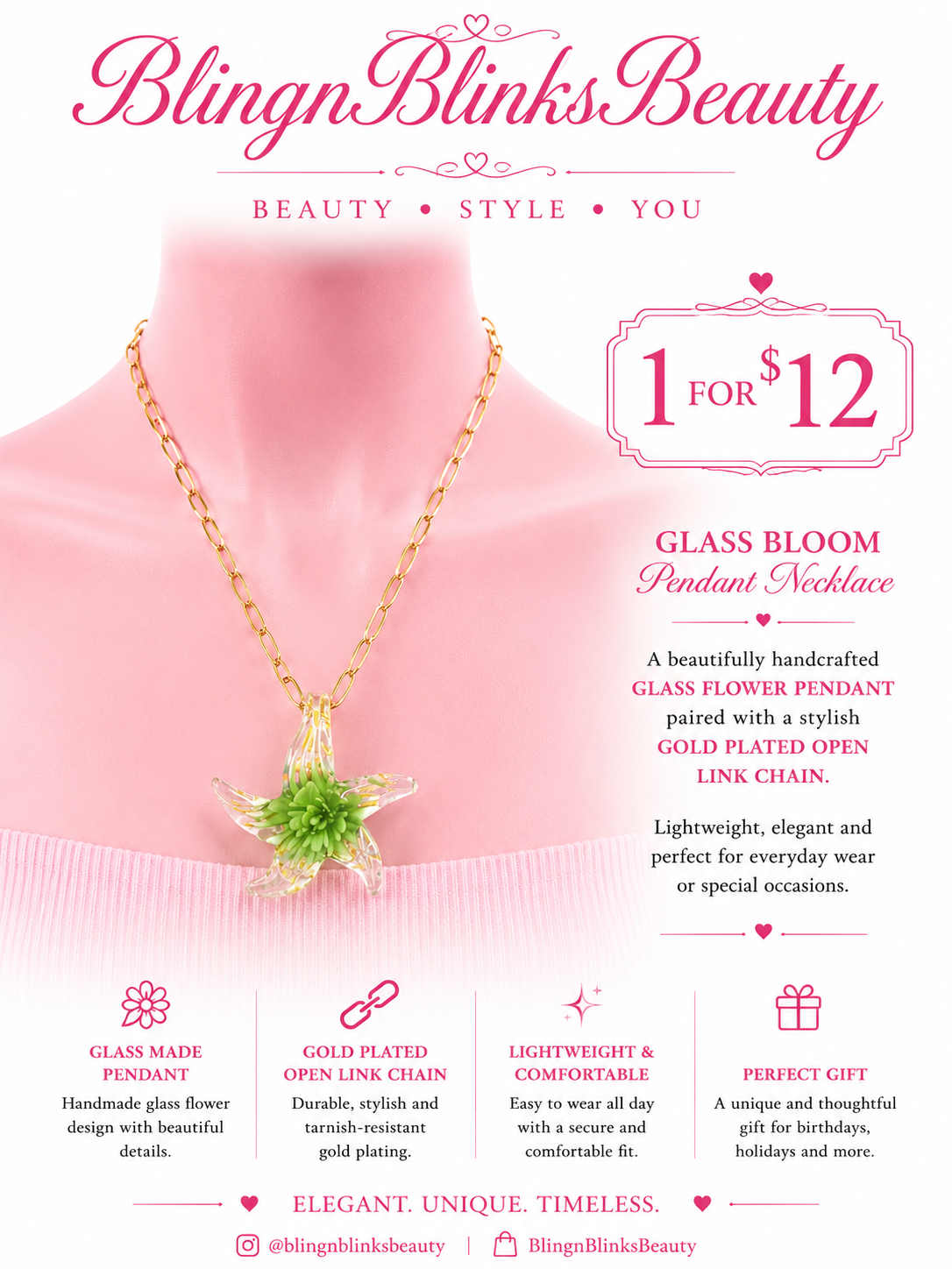 GLASS BLOOM PENDANT GOLD PLATED CHAIN NECKLACE